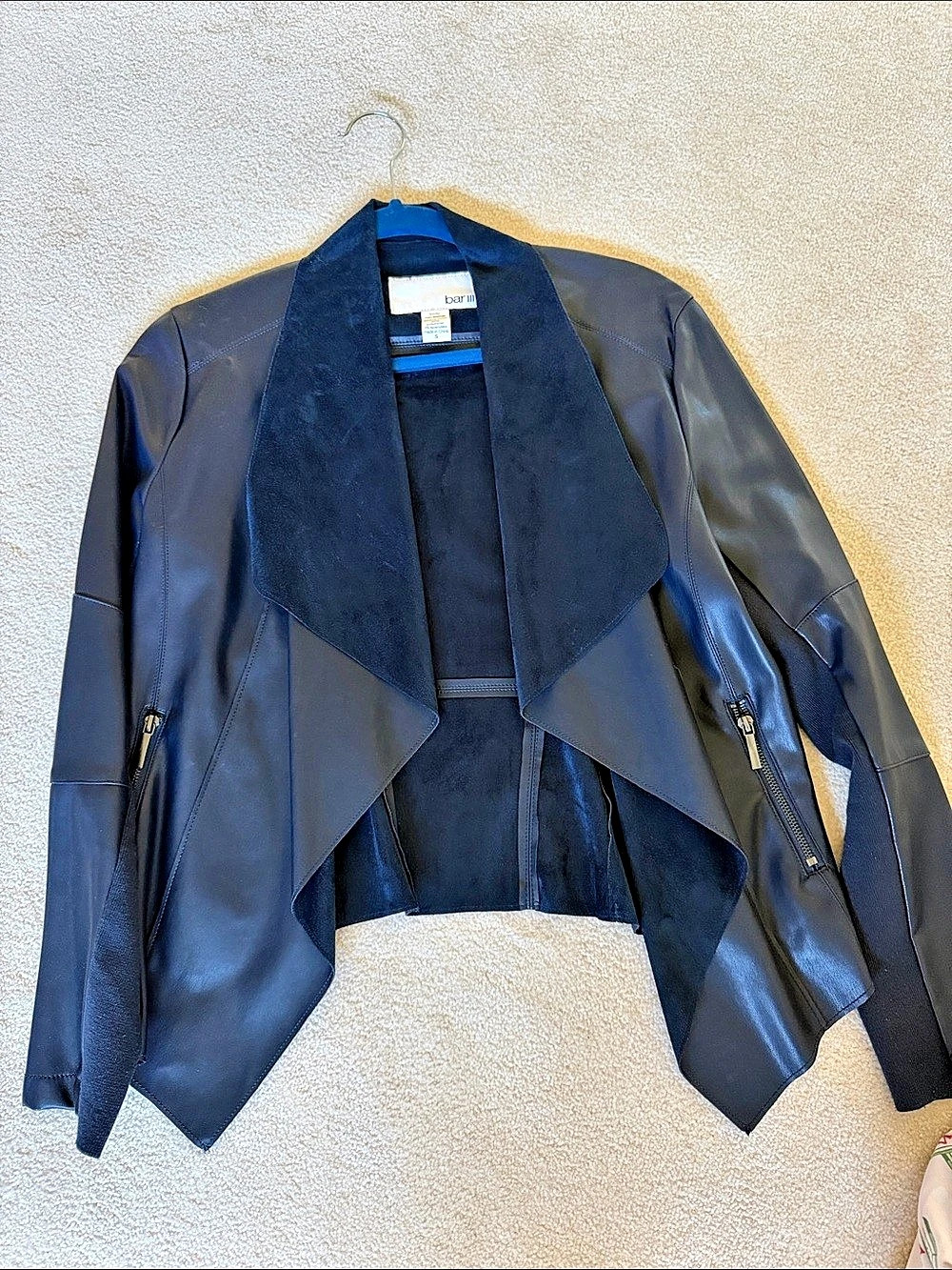 Bar III Faux-Leather Flyaway Jacket Women's Navy
